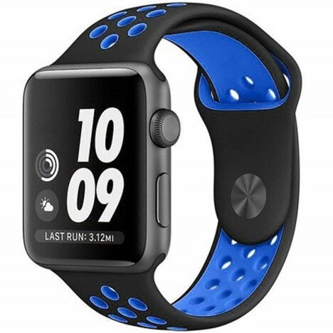 Curea iUni compatibila cu Apple Watch 1/2/3/4/5/6/7, 44mm, Silicon Sport, Negru/Albastru